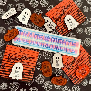 May include: A set of enamel pins featuring various designs, including ghosts, pumpkins, and the text "Trans Rights Are Human Rights". The pins are on a black and white spiderweb background.