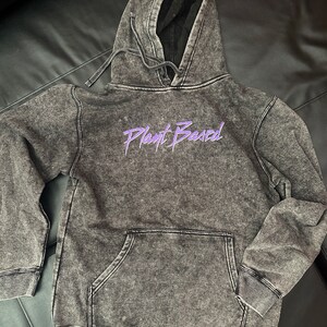 PLANT BASED HOODIE- Black Mineral Wash Sweatshirt Unisex pullover lightweight fleece sweater -Purple 80s movie style Vegan rocker - Power Co