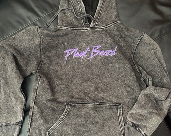 PLANT BASED HOODIE- Black Mineral Wash Sweatshirt Unisex pullover lightweight fleece sweater -Purple 80s movie style Vegan rocker - Power Co