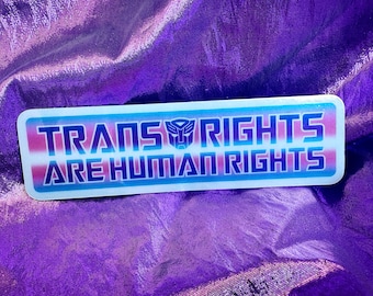 Trans Rights Are Human Rights sticker - 80s cartoon robot style reflective vinyl decal - Protect Transgender People Kids - Vegan Power Co