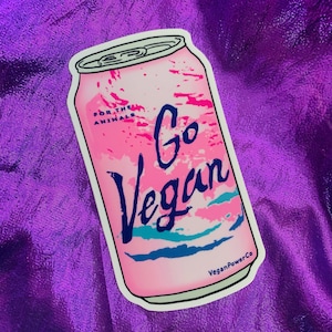 GO VEGAN STICKER - Pink Sparkling Water Can Vinyl Decal - For the Animals - Soda Seltzer logo Vaporwave 90s aesthetic die cut stickers gift