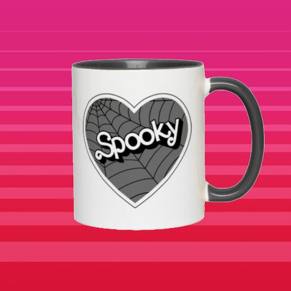 SPOOKY MUG - Goth Barb Spider Web Heart coffee tea cup - Horror Creepy Ghoul Babe Gothic Cobweb 1980s 80s toy style gift- Vegan Power Fright