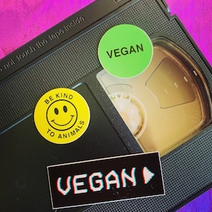 VEGAN Mini Stickers - 3 piccoli adesivi pack - Be Kind Rewind face - VCR Glitch - VHS label style 80s 90s video tapes set di decalcomanie in vinile