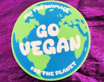 VEGAN EARTH STICKER - Go Vegan For the Animals For the Planet vinyl decal - Vegan flag colors earth shaped waterproof sticker Vegan Power Co