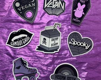 SPOOKY VEGAN STICKERS Vinyl Decal Sticker Sold Individually or as Set - Horror Goth Coffin Web Skate Bat Vampire Retro Halloween Vamp Ghoul