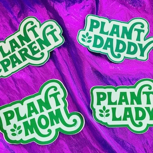 PLANT PARENT STICKERS - Choose Plant Mom Daddy Lady or Parent - 70s 80s Retro style Vinyl Decal Sticker Plants Lover Garden - Vegan Power Co