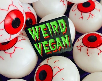 WEIRD VEGAN PIN - Halloween Glow in the Dark Enamel Lapel Badge - 80s Creepshow Tales from the Crypt Retro 50s comic horror - Vegan Power Co