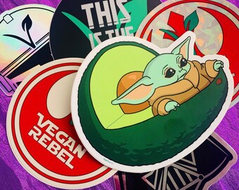 AVOCADO BABY & FRIENDS Vegan Space Stickers - Choose 3 themed vinyl decals - Plant Based Rebel Holographic Prism Chrome Helmet - meme humor