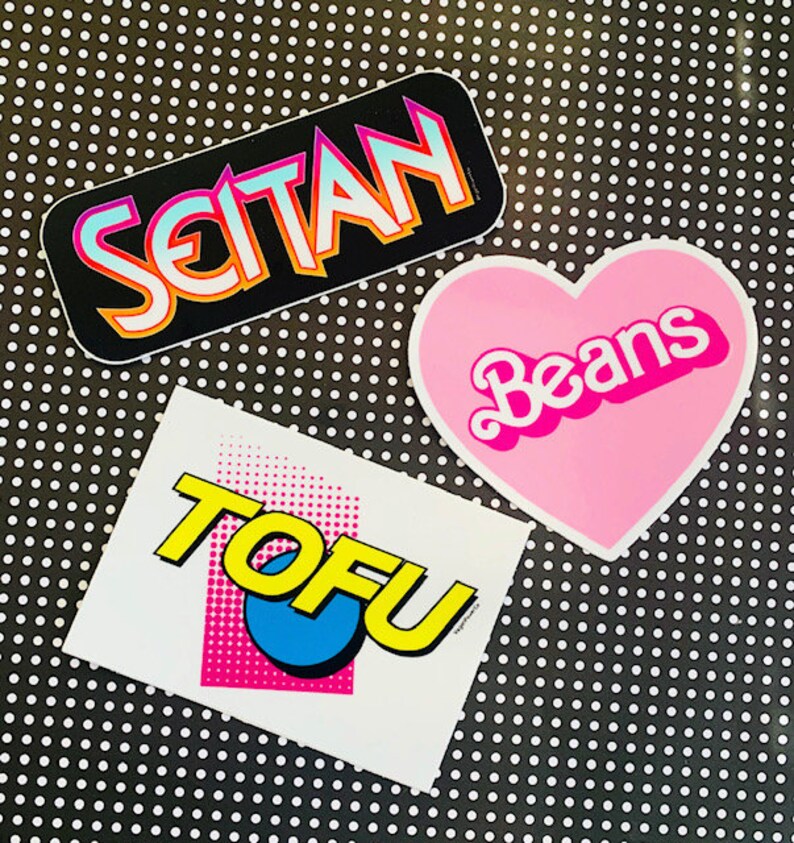 VEGAN STICKER SET - Plant Based Proteins - Tofu Seitan Beans water resistant vinyl stickers pack - 80s 90s logo style decals foodie Power Co image 2
