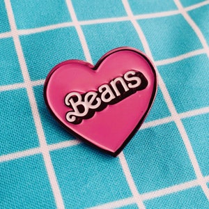 BEANS PIN - 80s retro heart style pink enamel badge - Vegan Protein Power Plant Based Diet Foodie - Pet Parent Toe Beans Cat Dog - Power Co