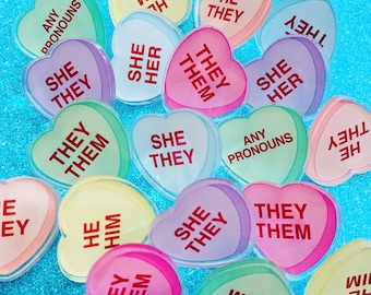 Candy Heart Pronoun Pin - Queer Enby Trans Badge Inclusive Vegan Power Co