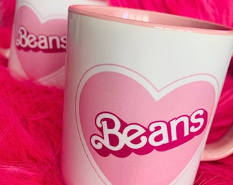 BEANS MUG - 80s fashion doll toy style logo - vegan protein foodie food home pet gift - 1980s 90s plant based babe girl - Vegan Power Co