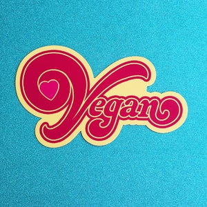 VEGAN HEART STICKER - water resistant die cut decal -70s 80s classic rock logo style - Rocker Glam Metal Boho 1970s 1980s - Vegan Power Co