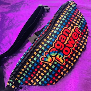 VEGAN POWER Fanny Pack - 80s Rainbow Cartoon style logo - stars on black - travel hip sack belt bum bag crossbody sling belted wallet pride