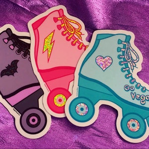 VEGAN SKATE STICKER - Retro 80s Roller Skates vinyl decals holographic glitter detail Quads Go Vegan Stickers Spooky Bat Rollerskate Decal
