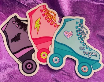 VEGAN SKATE STICKER - Retro 80er Jahre Rollschuhe Vinyl Aufkleber holografisches Glitzer Detail Quads Go Vegan Aufkleber Fledermaus Rollschuh Aufkleber