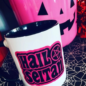 HAIL SEITAN MUG - Pink Black Vegan Protein Coffee Cup - Praise Seitan Seitanic Pentagram Pentacle Witch Goth Plant Based Hail Kale Power Co