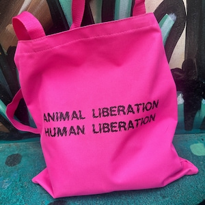 Animal Liberation Human Liberation Totebag - pink heavy duty recycled tote bags Intersectional Vegan punk activist Anti Speciesist Power Co