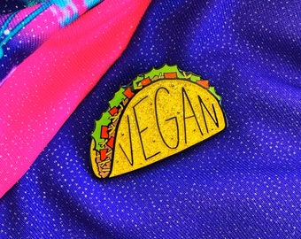 VEGAN TACO PIN - Yellow with Glitter Enamel Pins - Lapel Hat Badge Sparkle Taco Party Tacos Truck foodie junk food vegan gift - Power Co