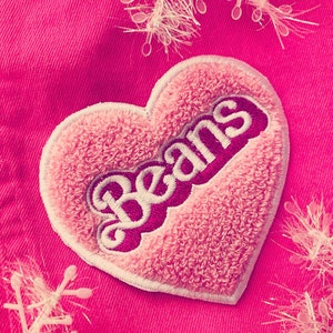 BEANS CHENILLE PATCH - Pink 80s Doll Toy - Sew On style Vegan patches No Wool - Retro Nostalgia 1980s 1990s Foodie Food Pet Gift Toebeans