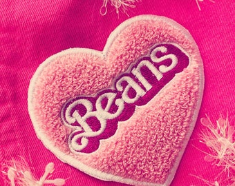 BEANS CHENILLE PATCH - Pink 80s Doll Toy - Sew On style Vegan patches No Wool - Retro Nostalgia 1980s 1990s Foodie Food Pet Gift Toebeans