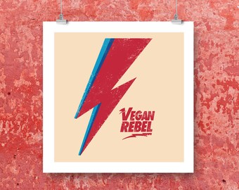 VEGAN REBEL POSTER - 12" Square Rocker Bolt 70s Retro Art Print -Screenprint Wall Home Decor - Rock Album Veganism Activism - Vegan Power Co