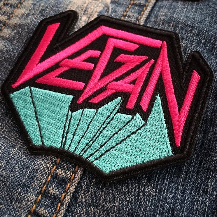 VEGAN METAL PATCH -Original Pink Aqua Blue Embroidered style applique…