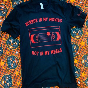 Vegan Horror Fan Tee - Horror In My Movies Not In My Meals - faded Vintage Black shirt 80s 90s VHS video tape - Spooky Blood Drip Halloween