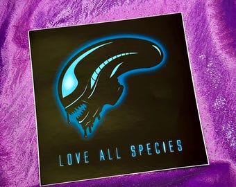 Pegatina vegana AMOR A TODAS LAS ESPECIES - calcomanía de vinilo antiespecismo - Fanático del terror espeluznante Nerd Halloween antiespecismo veganismo ético - Power Co