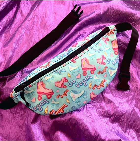 VEGAN FANNY PACK Blue Retro Rollerskate Hip Sack 80s 90s 