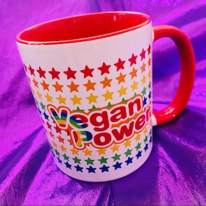 VEGAN POWER MUG - 80s Rainbow Cartoon style logo - stars 1980s ceramic mugs Choose Red Blue or Green accent handles Powered by Plants Pride