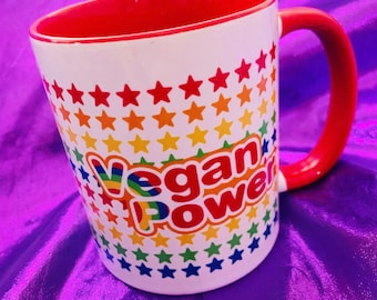 VEGAN POWER MUG - 80s Rainbow Cartoon style logo - stars 1980s ceramic mugs Choose Red Blue or Green accent handles Powered by Plants Pride