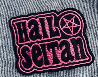 HAIL SEITAN PATCH - pink and black embroidered vegan patches - sew on applique not iron on - Seitanic humor spooky goth plant based Power Co