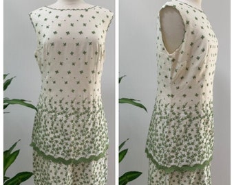 60s Embroidered Irish Linen Shift Dress Size 12 Ivory and Green / Vintage Mod Linen Shift Dress Floral Embroidery Large