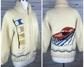 Vintage 1950s Cowichan Wool Sweater Small Racing Pattern VTG 50s Shawl Collar Cardigan Zip Up Vintage Curling Sweater 1960s Boating
