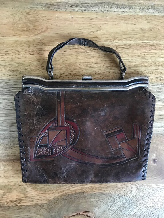 Rare Antique 1920s 1930s Tooled Leather Purse Antique Art Deco Leather Handbag Top Handle Collectible Display Purse Art Deco 1930s Leather Etsy