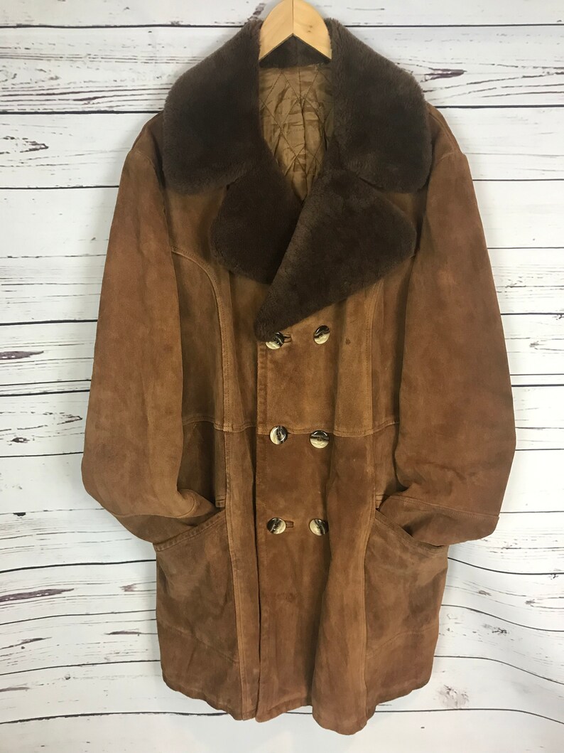 Vintage Suede Sheepskin Coat Mouton Fur Collar Mens Medium / | Etsy