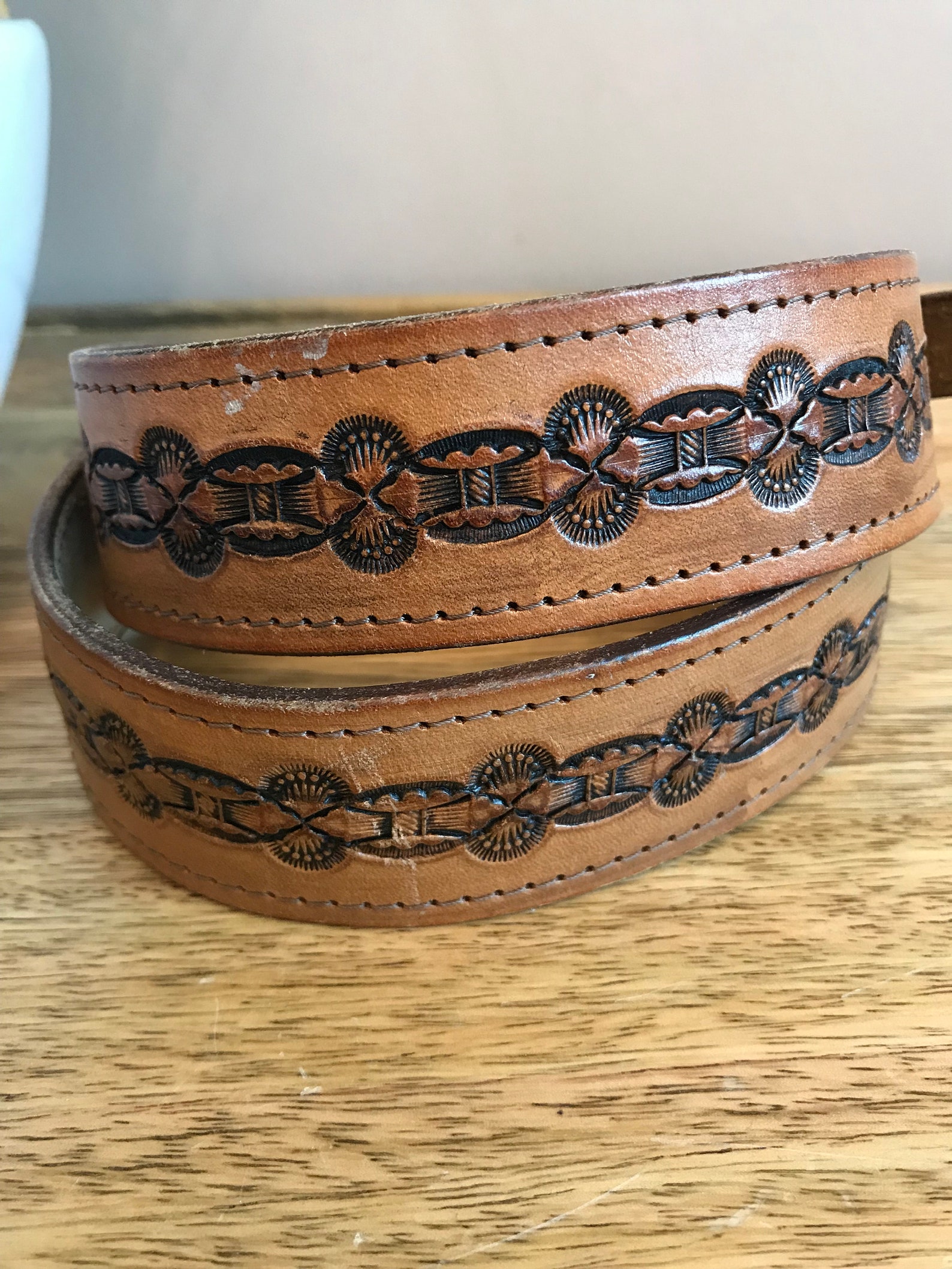 Vintage Tooled Leather Belt Southwestern Style Brown Leather | Etsy