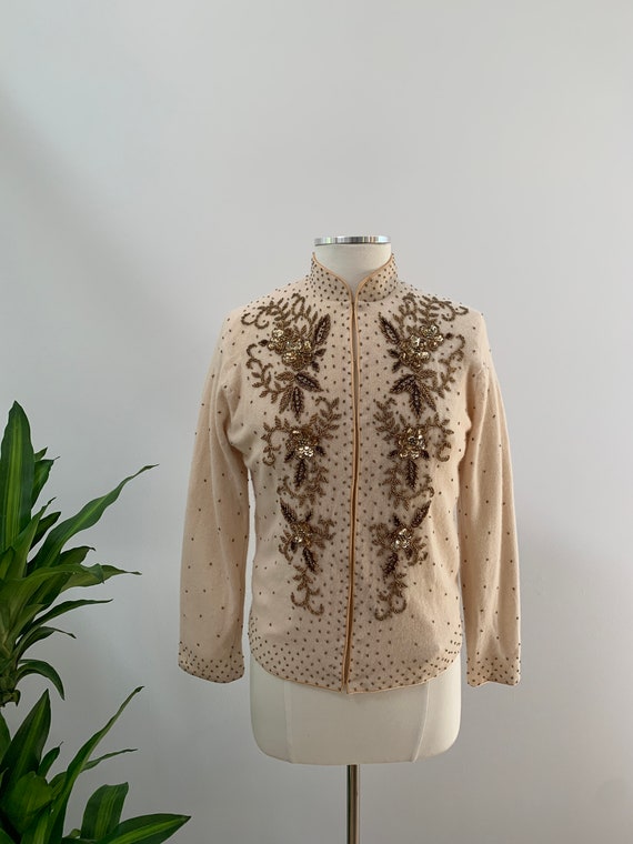 Vintage 50s Beaded Cardigan M / Lambswool Angora B