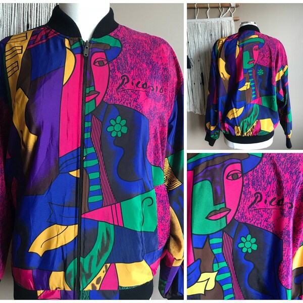 Vintage 80s 90s Silk Picasso Bomber Jacket / 1980s Multicolor Picasso Bomber Jacket / Silk Jacket 1980s Colorful Silk Jacket Wearable Art