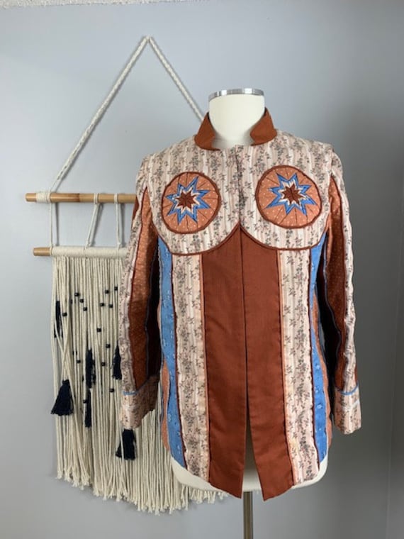 Vintage 1970s Quilted Patchwork Jacket Brown Blue