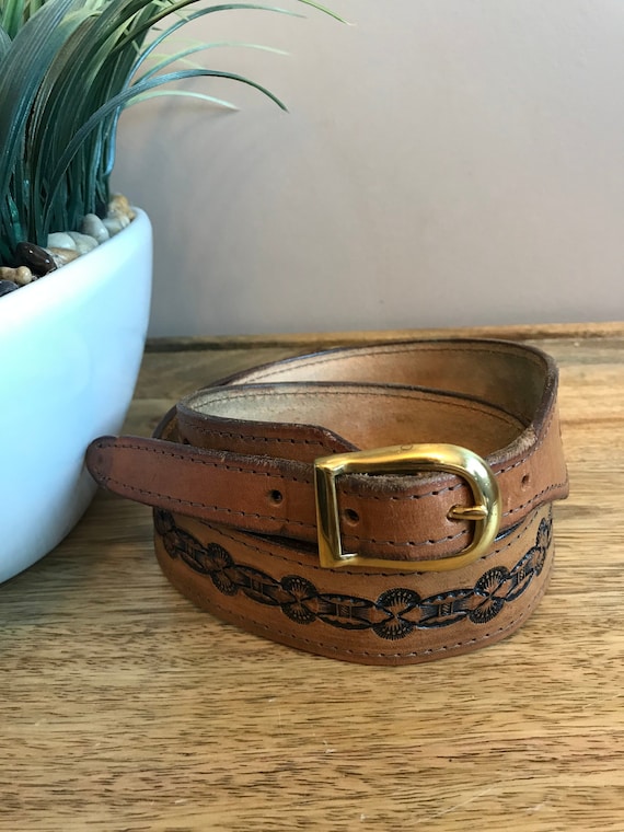 Vintage Tooled Leather Belt Southwestern Style Bro
