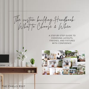 May include: A white wall with the text "The custom building Handbook: What to Choose & When". Below the text is a collage of home images. The text "A STEP-BY-STEP GUIDE TO CHOOSING LAYOUTS, FINISHES, AND FIXTURES WITH CONFIDENCE" is also visible.