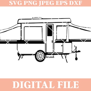 Pop Up Camper SVG, camping svg, glamping svg, outdoor svg, commercieel gebruik, cricut snijbestanden, pop-up camper strijkijzer op, cameo-bestanden, dxf