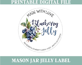 Made with Love Blueberry Jelly Printable Label, Print at Home, Customize, Mason Jar Label, Canning Label