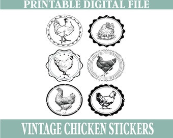 Vintage Chicken Stickers, Digital and Printable Perfect for Egg Cartons and Homesteads