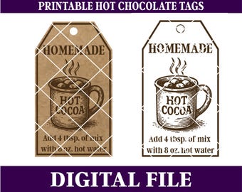 May include: Two printable hot chocolate tags with a vintage design. Each tag features a steaming mug of hot cocoa with the words "Hot Cocoa" and "Homemade". Instructions are included to add 4 tablespoons of mix with 8 ounces of hot water.