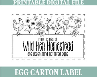 May include: Black and white line art illustration of a chicken, flowers, and butterflies. The text "from the coop of Wild Hen Homestead one dozen hand gathered eggs" is below the illustration. The text "EGG CARTON LABEL" is below the illustration.