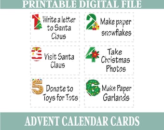 Cartes imprimables du calendrier de l'Avent de Noël, papier format lettre, cartes vierges et remplies, PDF bonus de plus de 100 idées de calendrier de l'Avent