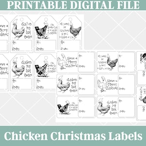 Printable Chicken Christmas Labels, Chickens Wearing Santa Hats, Christmas Hanging Tags, JPG and PDF, vintage, color in yourself, minimalist